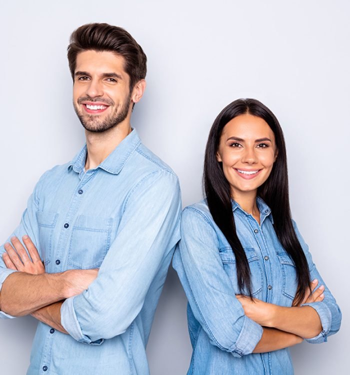 Close-up portrait of his he her she nice attractive cheerful cheery content couple, partners leaders wearing casual folded arms standing back to back isolated over light white pastel color background