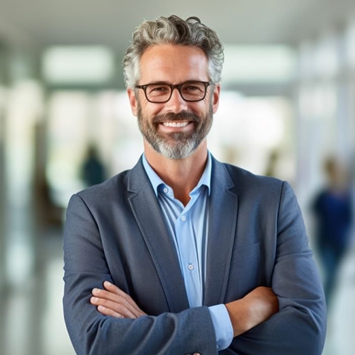 Happy middle aged business man ceo standing in office arms crossed. Smiling mature confident professional executive manager, proud lawyer, confident businessman leader wearing blue suit, portrait.AI Generative